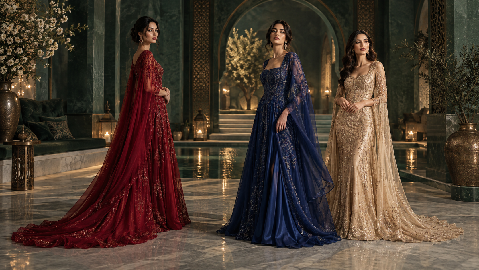 Three couture engagement gowns in ruby, sapphire and champagne